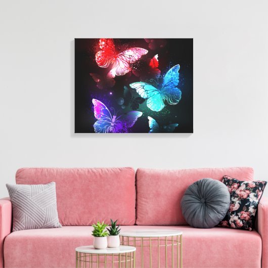 Drie gloeiende vlinders op nachtrustachtergrond canvas afdruk (Insitu (Woonkamer))