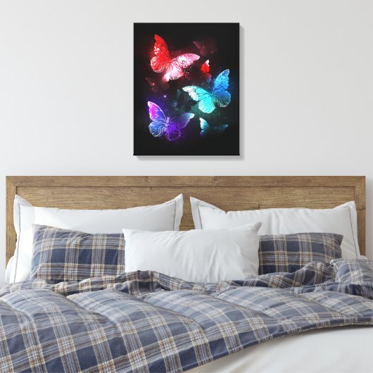 Drie gloeiende vlinders op nachtrustrondergrond canvas afdruk (Insitu (Slaapkamer))