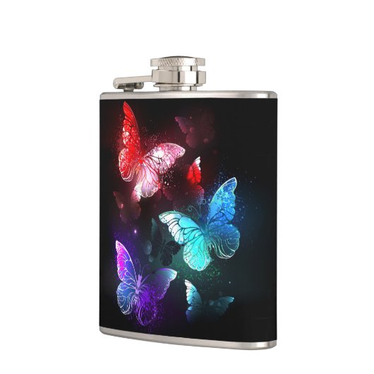 Drie gloeiende vlinders op nachtrustrondergrond heupfles (Links)