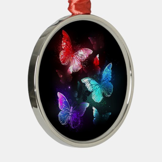 Drie gloeiende vlinders op nachtrustrondergrond metalen ornament (Rechts)