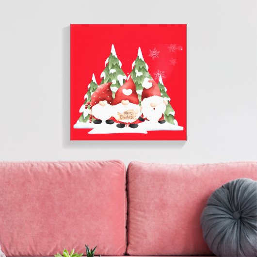 Drie Gnome Kerst Uitgerekt Canvas Print (Insitu (Woonkamer))