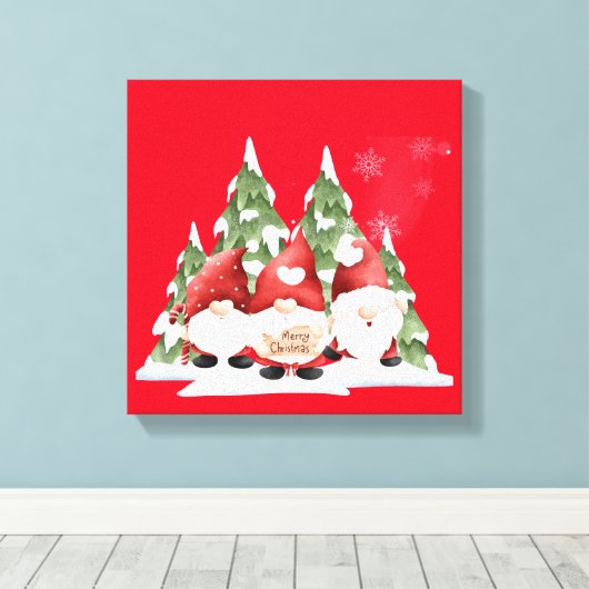 Drie Gnome Kerst Uitgerekt Canvas Print (Insitu (Houten vloer))