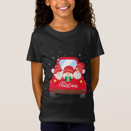 Drie gnomen in Red Truck met vrolijk kerstfeest T-shirt (Voorkant)