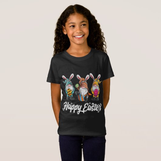 Drie Gnomes Bunny Holding Easter Egg Hunting Happ T-shirt (Voorkant volledig)
