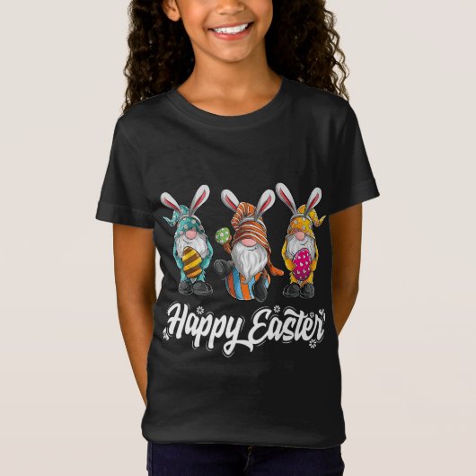 Drie Gnomes Bunny Holding Easter Egg Hunting Happ T-shirt (Voorkant)