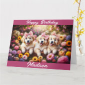 Drie Golden Retriever Puppies met Flowers Kaart (Gele Bloem)