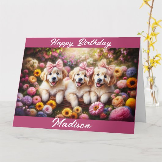 Drie Golden Retriever Puppies met Flowers Kaart (Gele Bloem)