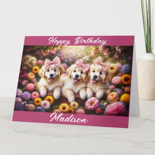 Drie Golden Retriever Puppies met Flowers Kaart (Voorkant)