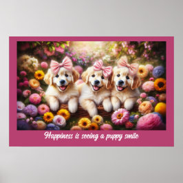 Drie Golden Retriever Puppies met Flowers Poster