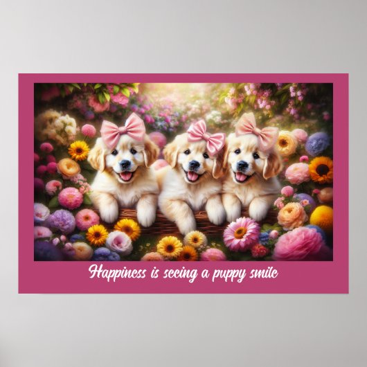 Drie Golden Retriever Puppies met Flowers Poster (Voorkant)