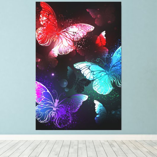 Drie golvende Butterflies op nachtachtergrond Canvas Afdruk (Insitu (Houten vloer))