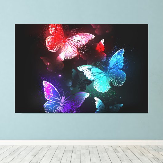 Drie golvende Butterflies op nachtachtergrond Canvas Afdruk (Insitu (Houten vloer))