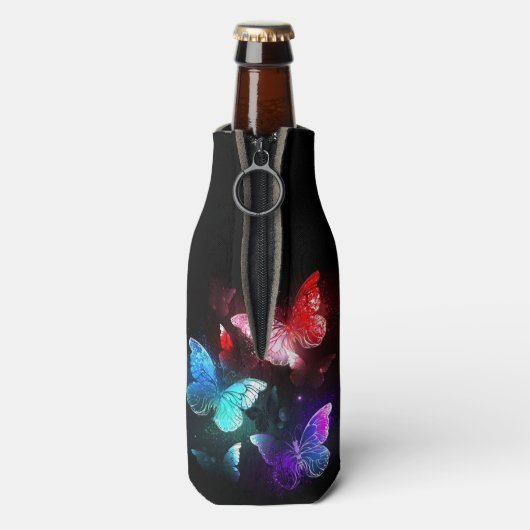Drie golvende Butterflies op nachtachtergrond Flesjeskoeler (Fles Achterkant)