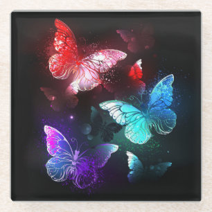 Drie golvende Butterflies op nachtachtergrond Glazen Onderzetter
