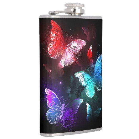 Drie golvende Butterflies op nachtachtergrond Heupfles (Rechts)