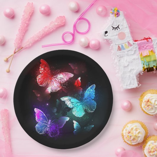 Drie golvende Butterflies op nachtachtergrond Papieren Bordje (Feest)