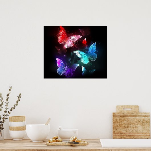 Drie golvende Butterflies op nachtachtergrond Poster (Keuken)