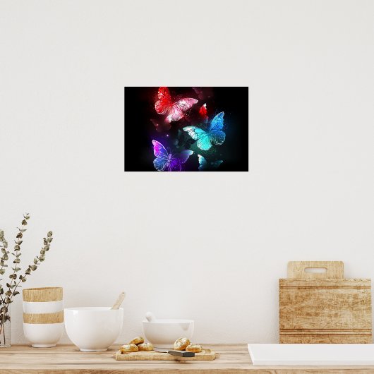 Drie golvende Butterflies op nachtachtergrond Poster (Keuken)
