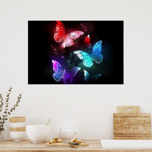 Drie golvende Butterflies op nachtachtergrond Poster (Keuken)