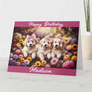 Drie Goud Retriever Puppy's met Bloemen Kaart