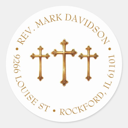 Drie Gouden Kruizen Religieus Adres Ronde Sticker (Voorkant)