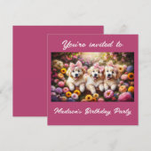 Drie Gouden Retriever Puppy's met Bloemen Kaart (Voorkant / Achterkant)