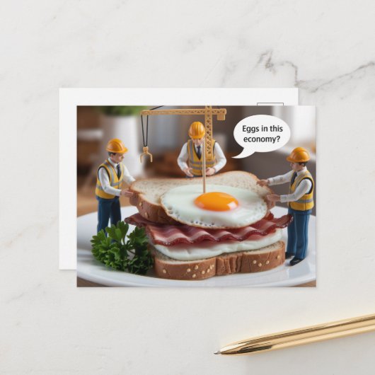 Drie grappige bouwvakkers maken een broodje briefkaart (Voorkant / Achterkant in situ)