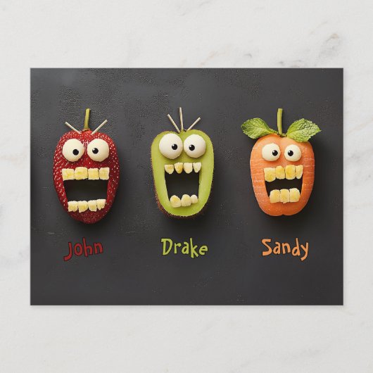Drie grappige fruitgezichten briefkaart (Voorkant)