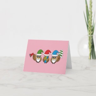 Drie grappige kerstgnome-uilen kaart