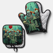 Drie griezelige clowns schedel angst ontwerp ovenwant & pannenlap set (Voorkant / Achterkant)