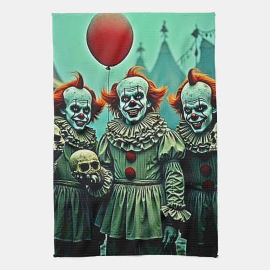 Drie griezelige clowns schedel angst ontwerp theedoek (Verticaal)