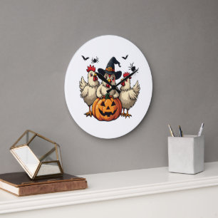 Drie griezelige Halloween kippen Boerin Herfst Hek Grote Klok