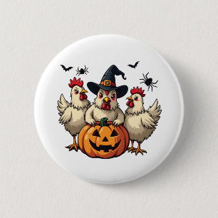 Drie griezelige Halloween kippen Boerin Herfst Hek Ronde Button 5,7 Cm