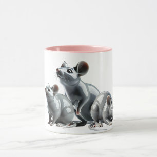 Drie grijze 3D-muizen willen eten. Mok