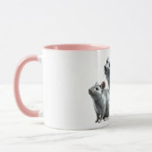 Drie grijze 3D-muizen willen eten. Mok (Links)