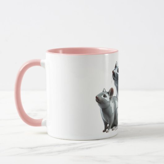 Drie grijze 3D-muizen willen eten. Mok (Links)