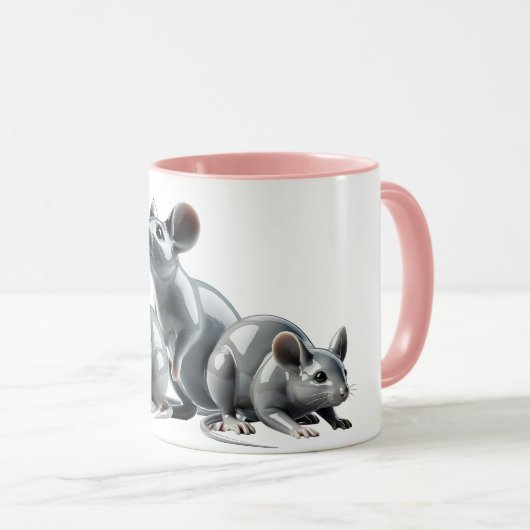 Drie grijze 3D-muizen willen eten. Mok (Voorkant rechts)