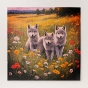 Drie grijze wolvenpups legpuzzel