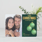 Drie groene boombollen Sneeuwvlok Foto Kerstmis Feestdagenkaart (Staand voorkant)