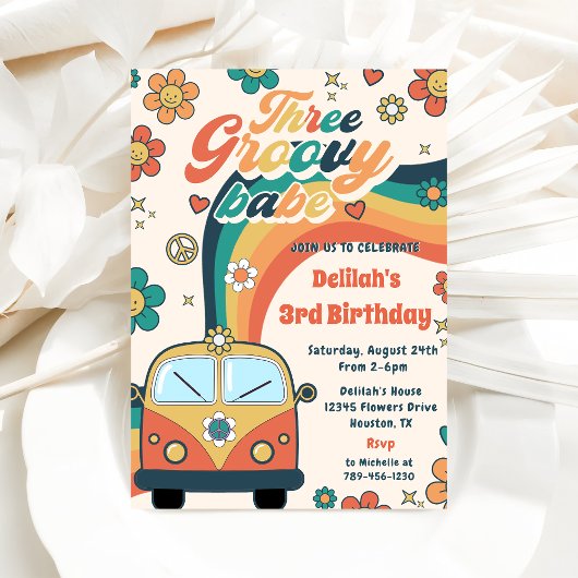 Drie Groovy Babe Retro Bloemen 3e Verjaardagsfeest Kaart