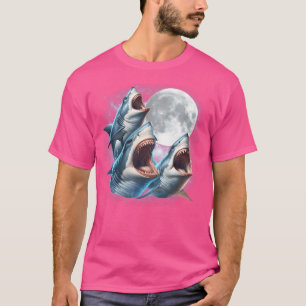 Drie haaien Maan Grappige haai Howling Wolfs Maan  T-shirt