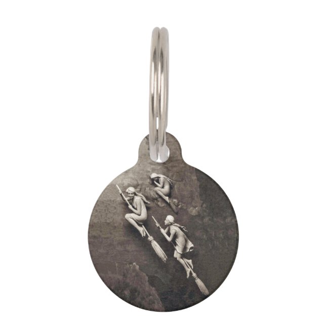  drie Halloween-heks vliegende kamers Huisdierpenning (Voorkant)