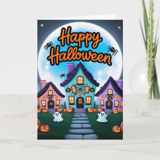 Drie Halloween huizen vol maan kawaii Kaart (Voorkant)