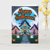 Drie Halloween huizen vol maan kawaii Kaart (Gele Bloem)