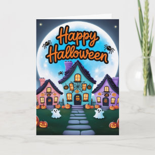 Drie Halloween huizen vol maan kawaii Kaart