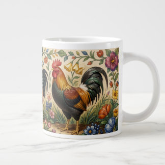 Drie hanen in een bloeiende tuin grote koffiekop