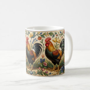 Drie hanen in een bloeiende tuin koffiemok