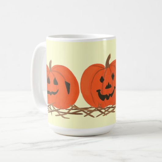 Drie Happy Pumpkins in Hay Halloween Mokken (Voorkant links)