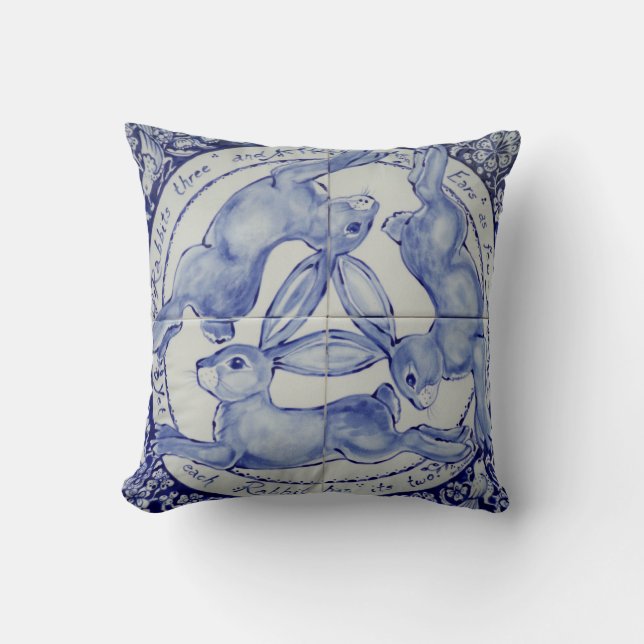 Drie Hares Rabbit Blue en White Medallion Bird Kussen (Voorkant)