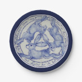 Drie Hares Rabbits Blue White Tile Medallion Papieren Bordje (Voorkant)